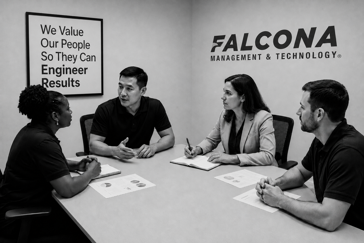 Falcona team collaborating in a conference room